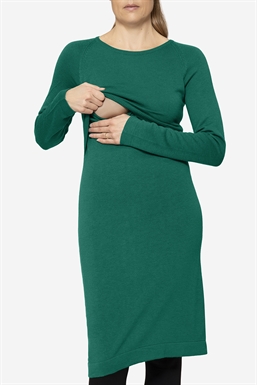 Green nursing dress in Merino - Shown with nursing function