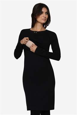 Black breastfeeding dress in Merino Wool - With breastfeeding access