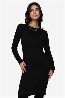 Black breastfeeding dress in Merino Wool - Front view