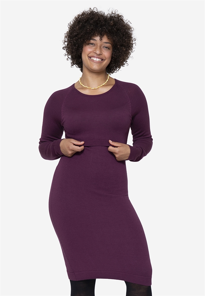 Bordeaux Nursing Dress in 100% Merino Wool – Front View