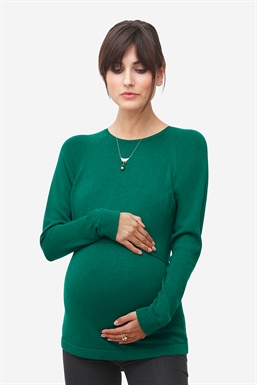 Green Nursing Sweater in 100% merino wool - Seen with pregnant belly